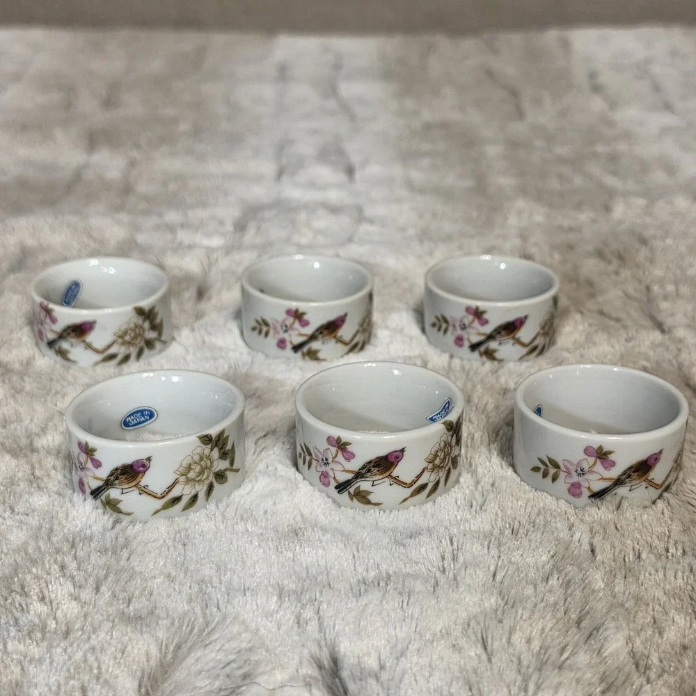 6 Vintage Shafford Chinese Garden Porcelain Napkin Rings Japan Hand-Painted Bird